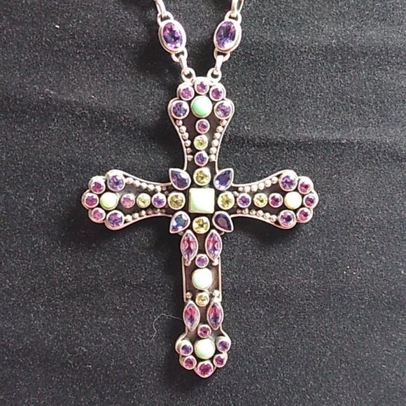 Vintage Faceted Amethyst Garnet Peridot Sterling Silver Cross/Chain & Turquoise - Picture 3 of 12